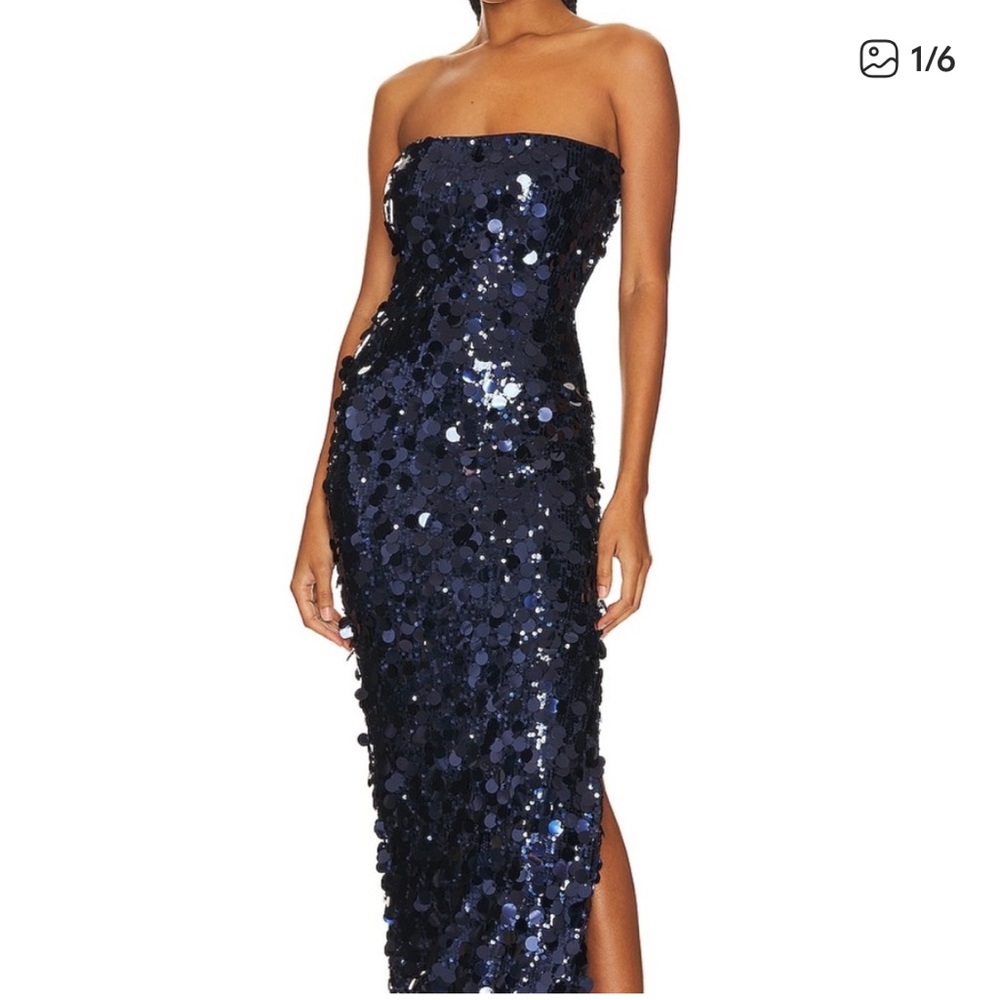 Navy Strapless Sequin Midi Dress